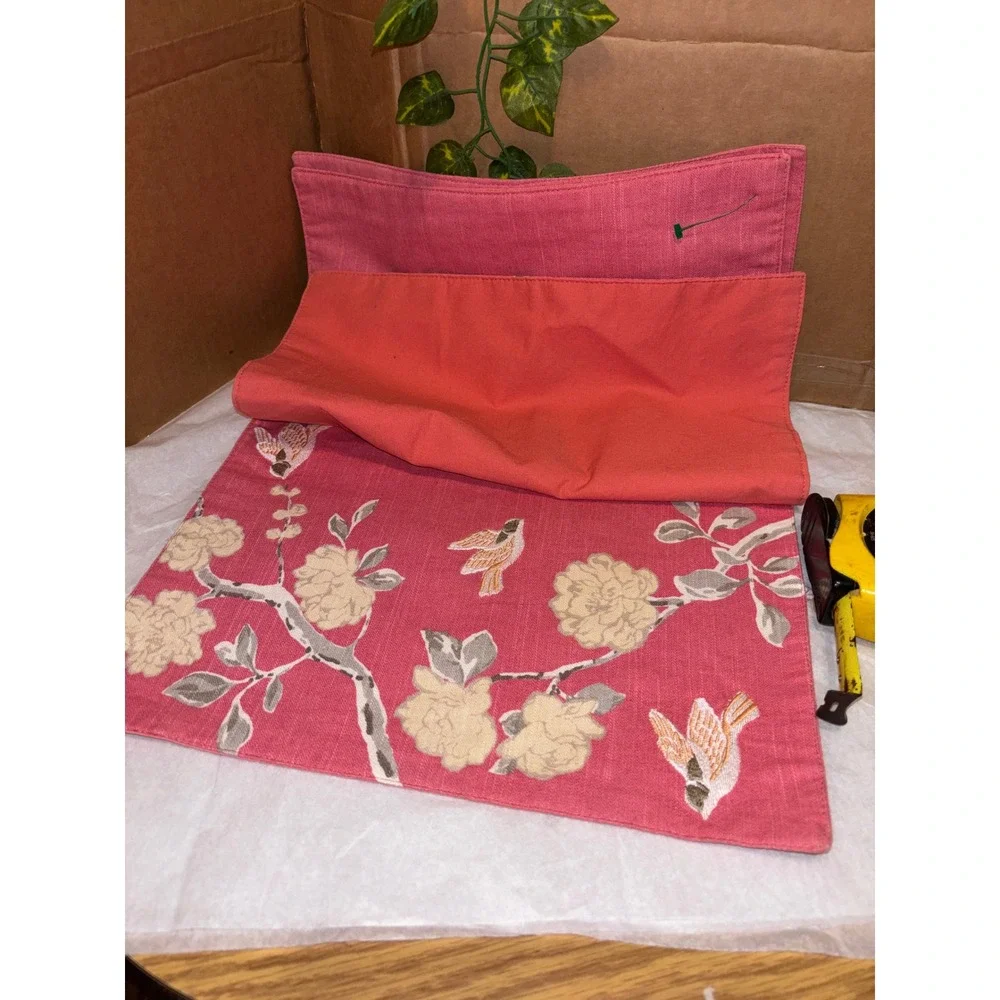 Pink Embroidered Bird Floral Placemats Set of 2 Chinoiserie Botanical Decor